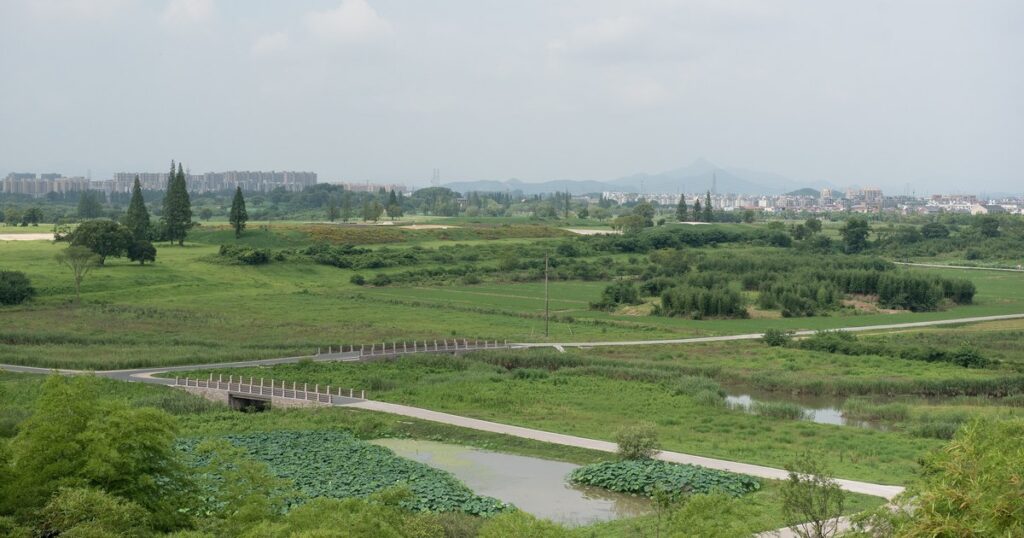 莫角山から見渡した良渚古城遺跡の遺跡公園