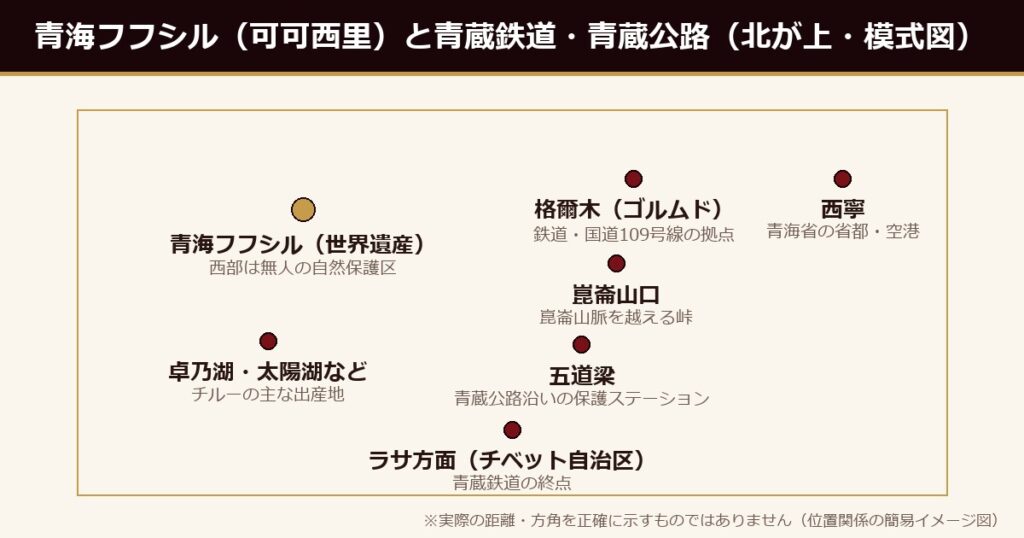 青海フフシル（可可西里）と青蔵鉄道・青蔵公路の位置関係（模式図）