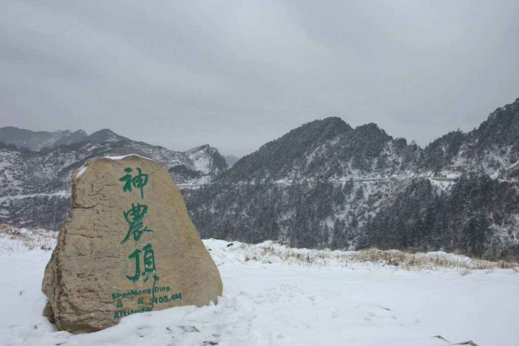 雪の神農頂に立つ山名の石碑