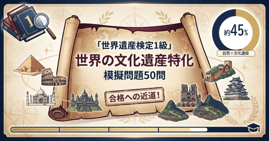 「世界遺産検定1級 世界の文化遺産特化 模擬問題50問」と書かれた古地図風のデザインのアイキャッチ画像。ピラミッドや世界各地の文化遺産のイラストと、自然・文化遺産が合わせて約45%を示す円グラフが描かれています。