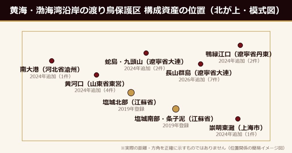 黄海・渤海湾沿岸の渡り鳥保護区・構成資産の位置関係(模式図)